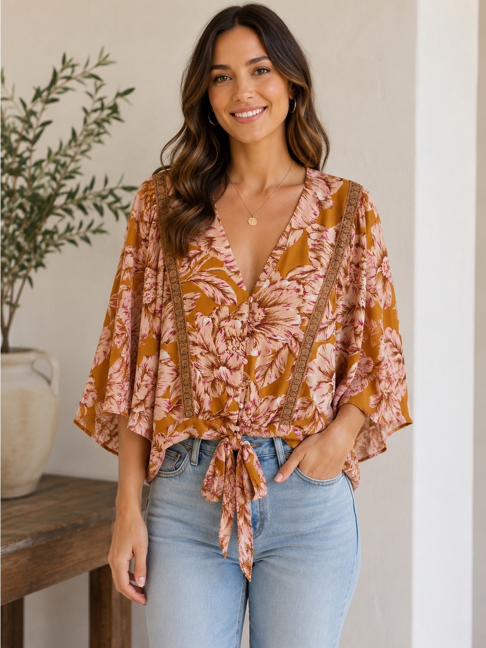 Band of the Free Tie-Front Blouse in Mustard and Pink Size Large